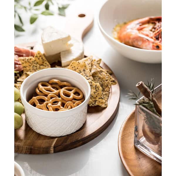 Embossed White Ceramic Ramekins Portion Cup Lid Food Storage Cups for 9 oz. Baking Dipping Sauce (Set of 4)