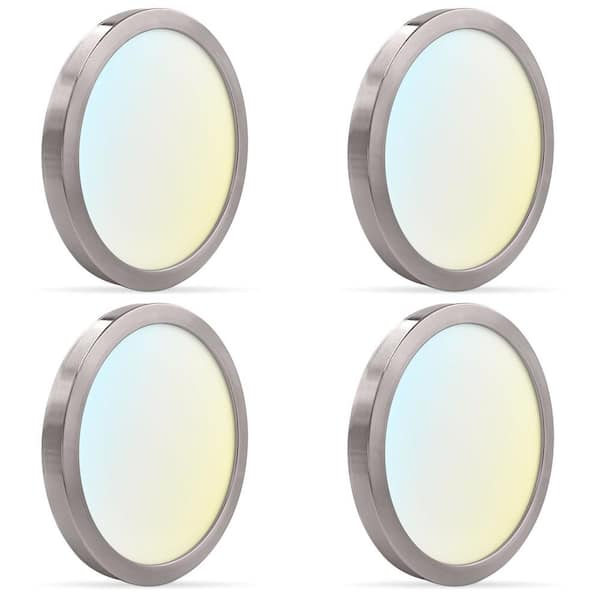 LUXRITE 7 in. Nickel Modern Flush Mount Ceiling Light Fixture LED Integrated 15-Watt 1000LM 5CCT 2700K-5000K Dimmable (4-Pack)