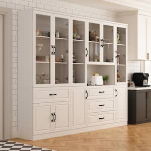 White Wood 94.5 in. W Buffet Combination Kitchen Cabinet W/Hutch, Glass Doors, Shelves (15.7 in. D x 78.7 in. H)