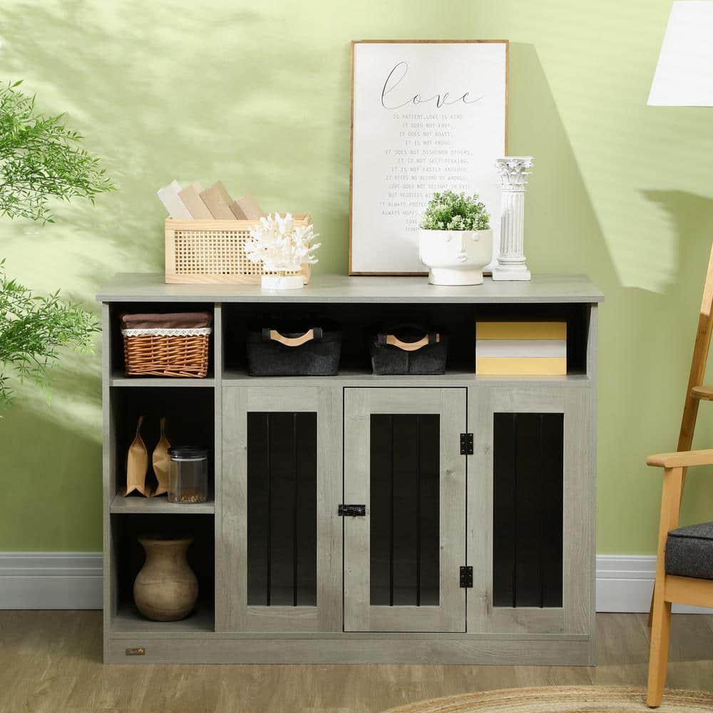 Gray Medium Wooden Dog Crate with Storage Shelves