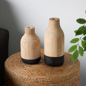 Light Brown Colorblock Wood Decorative Vase with Black Bases (Set of 2)