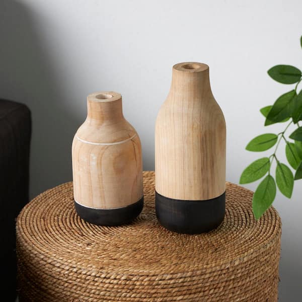 Litton Lane Light Brown Colorblock Wood Decorative Vase with Black Bases (Set of 2)