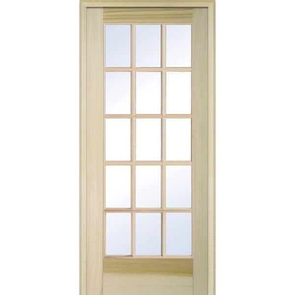 MMI Door 32 in. x 80 in. Right Handed Unfinished Poplar Wood Clear Glass 15 Lite True Divided Single Prehung Interior Door