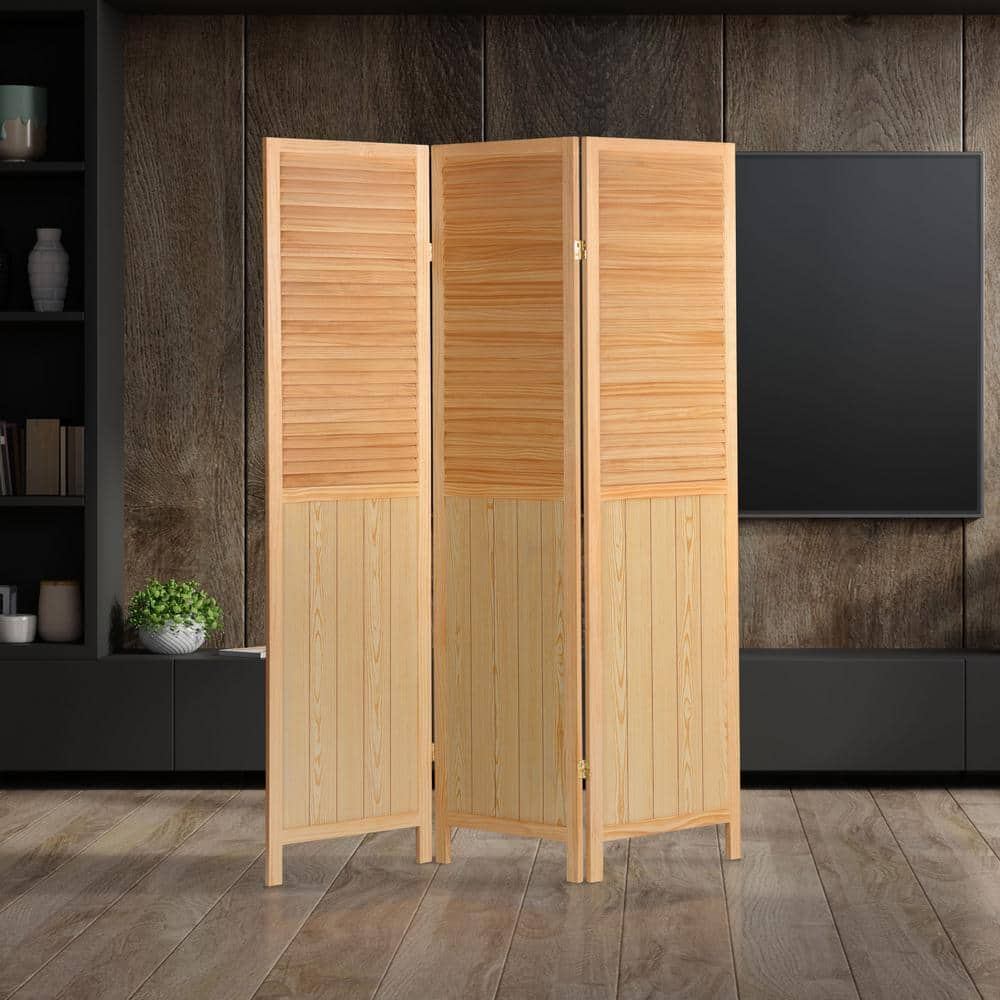 Oriental Furniture Natural 6 ft. Tall Louvered Beadboard 3-Panel Room ...