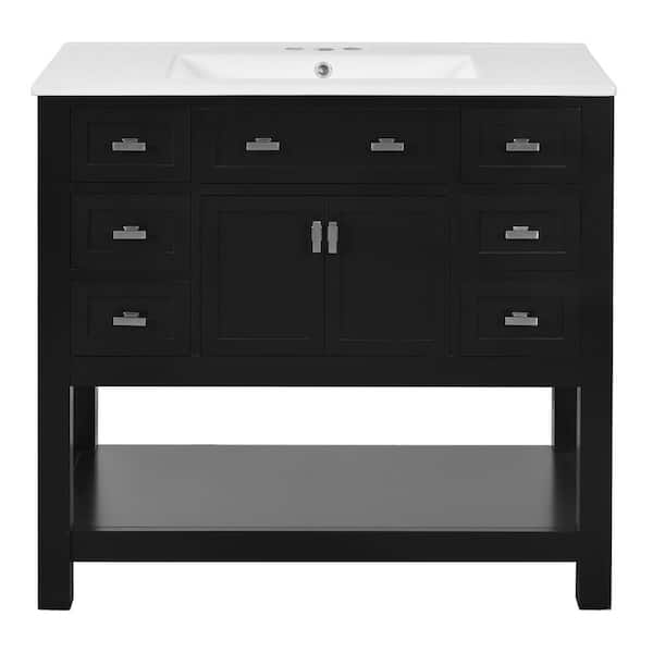 36 in. Single Sink Freestanding Black Bath Vanity with White Ceramic Top, Open Shelf, 6 Drawers