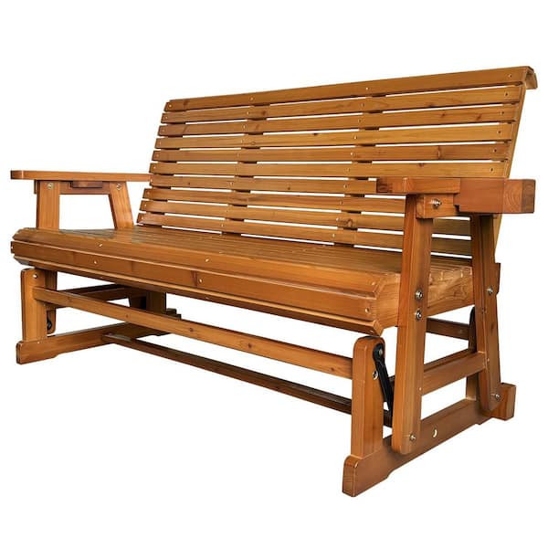 3-Person Wood Outdoor Glider with Cup Holders, High Roll Back and Deep Contoured Seat, Heavy Duty 800 lbs. 5 ft. Brown