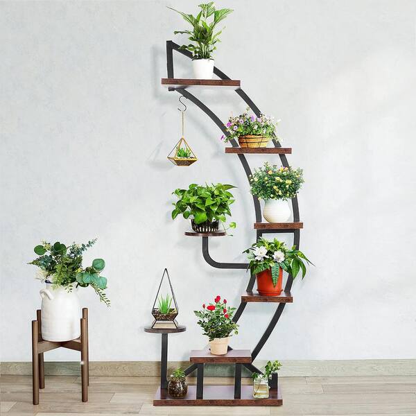 Unbranded 60 in. Indoor Steel-Wood Plant Stand with Hanger, 9 Potted Plant Shelf Display Holder 6-Tier