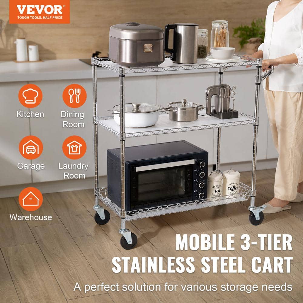 VEVOR 3-Tier Stainless Steel Utility Cart with Wheels and Hooks