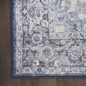 10' Blue and Ivory Floral Power Loom Distressed Washable Runner Rug