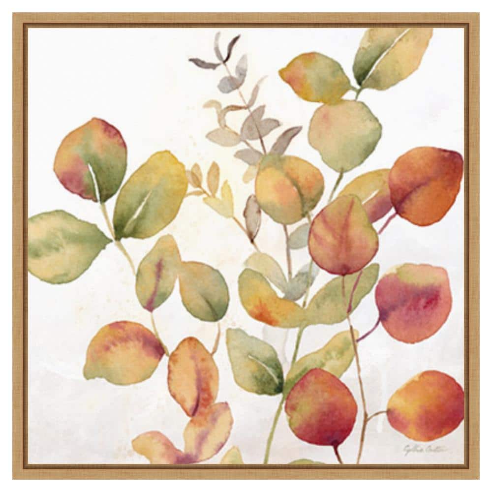 Eucalyptus Leaves Fall I Watercolor Canvas Print with Maple Frame