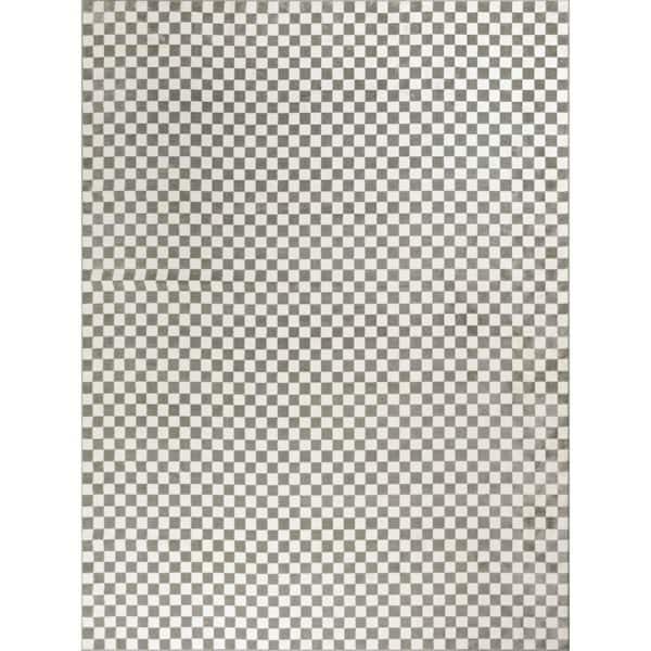 Serenity Home Ivory Grey 8 ft. x 10 ft. Checker Contemporary Area Rug