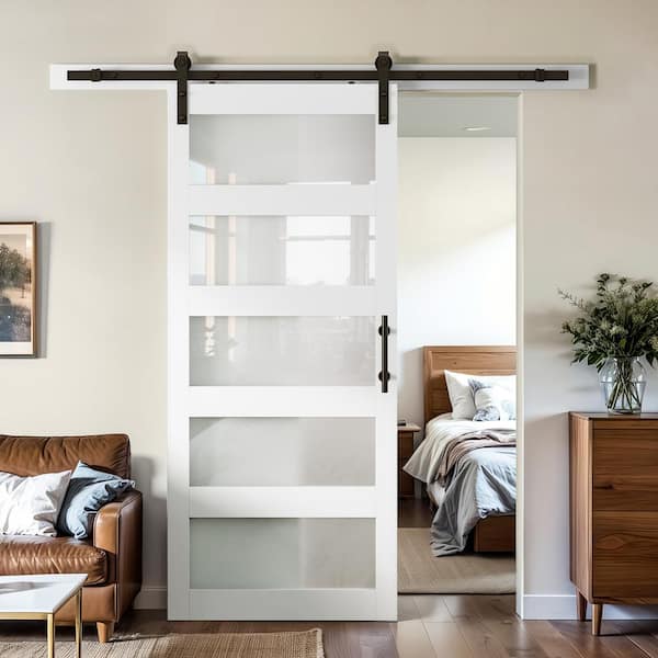 24 in. x 80 in. 5-Panel Frosted Glass White Prefinished MDF Interior Sliding Barn Door with Hardware Kit