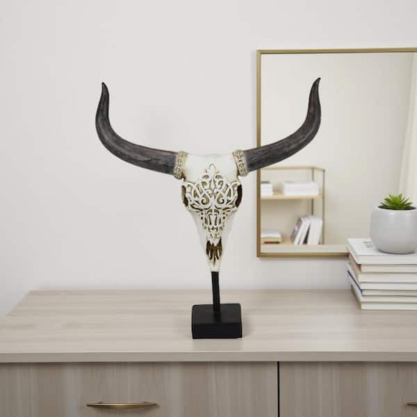 Bone White and Black 4 in. x 16.25 in. Animal Skull Resin Tabletop Decor
