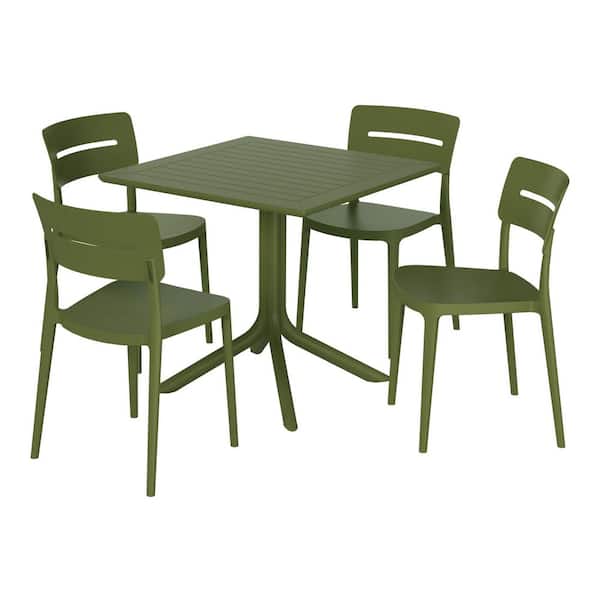 WESTIN OUTDOOR Frond and Form Olive Green Plastic All Weather 5Piece Square Table Modern Outdoor Patio Dining Set w/ 4 Stackable Chairs