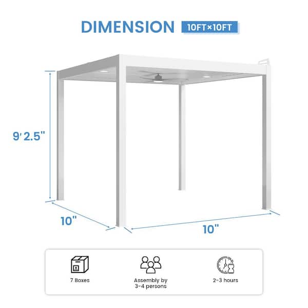 10 ft. x 10 ft. White Aluminum Frame Outdoor Patio Pergola with Solar-Powered System