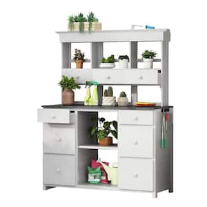 50 in. W x 65.7 in. H Greenhouse Garden Potting Bench Table, Multiple Drawers and Storage Shelves, White