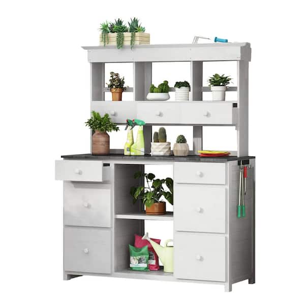 Unbranded 50 in. W x 65.7 in. H Greenhouse Garden Potting Bench Table, Multiple Drawers and Storage Shelves, White