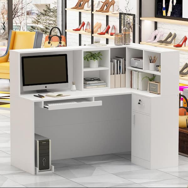 Reversible L-Shaped Desk Computer Desk with Drawers & Shelf Ample Storage - FUFUGAGA White