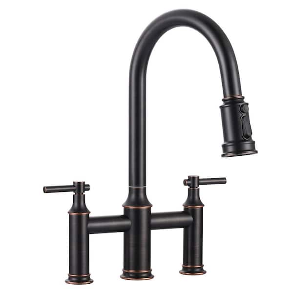 Double Handle Bridge Kitchen Faucet with 3-Mode Pull-Down Spray Head in Oil Rubbed Bronze