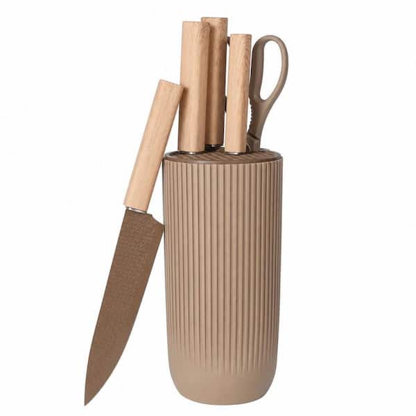 6-Piece Anti-Rust Non-stick Stainless Steel Kitchen Knife Set with Knife Block, Coffee