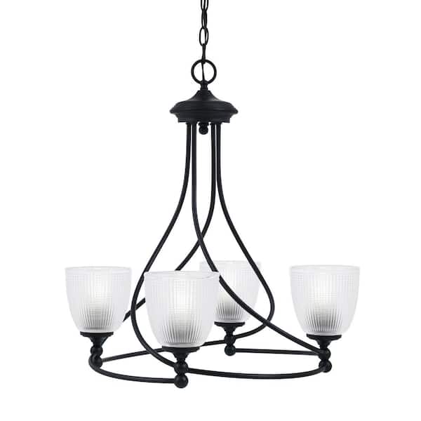 Unbranded Royale 4-Light Matte Black Chandelier, Round Chandelier with 5 in. Clear Ribbed Glass Shades, No bulbs included