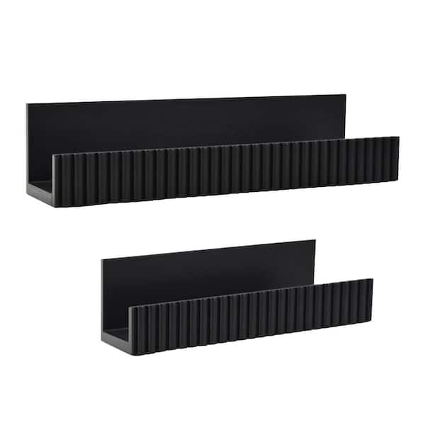 15.75 in. W x 5.12 in. Ribbed Black MDF Shabby Chic Decorative Floating Wall Shelf 2-Pc Set, Decorative Picture Ledge