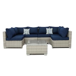 Gray White Frame 7-Piece Wicker Outdoor Sofa Sectional Set with Dark Blue Cushions