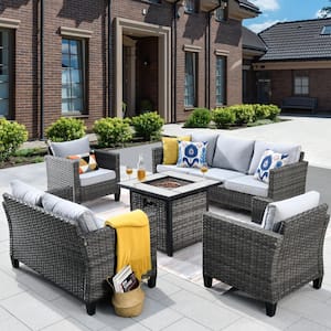 Lake Powell Gray 5-Piece Wicker Patio Conversation Fire Pit Seating Sofa Set with a Loveseat and Gray Cushions