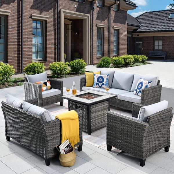 HOOOWOOO Lake Powell Gray 5-Piece Wicker Patio Conversation Fire Pit ...