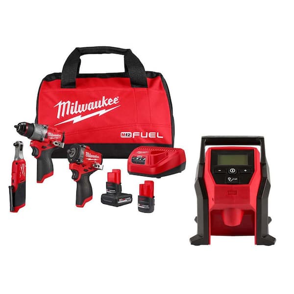 M12 FUEL 12V Lithium-Ion Cordless Drill Driver, Impact Wrench, and Ratchet Combo Kit (4-Tool) with Portable Inflator