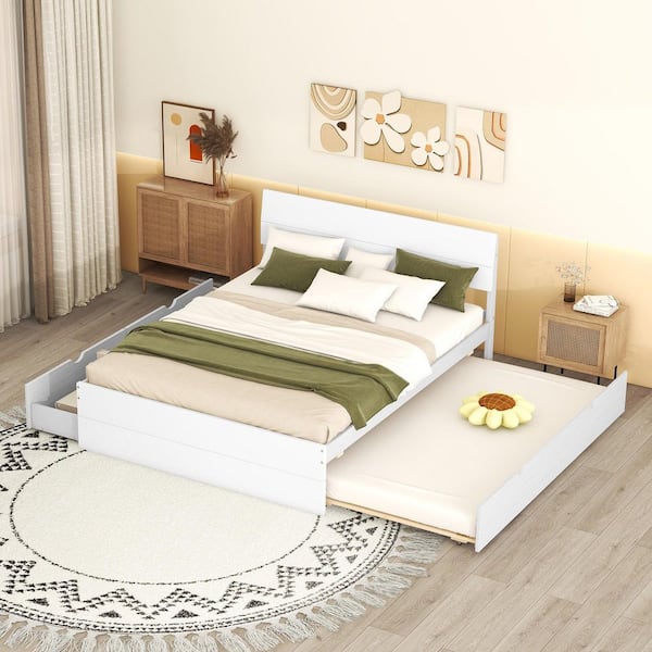 White Wood Frame Full Size Platform Bed with Twin Size Trundle and 2 Drawers