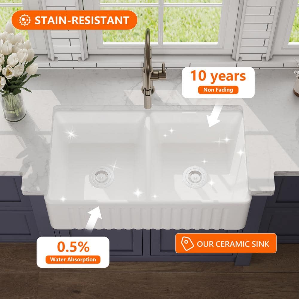 Eclipse 33" White Ceramic Double Basin Farmhouse Sink