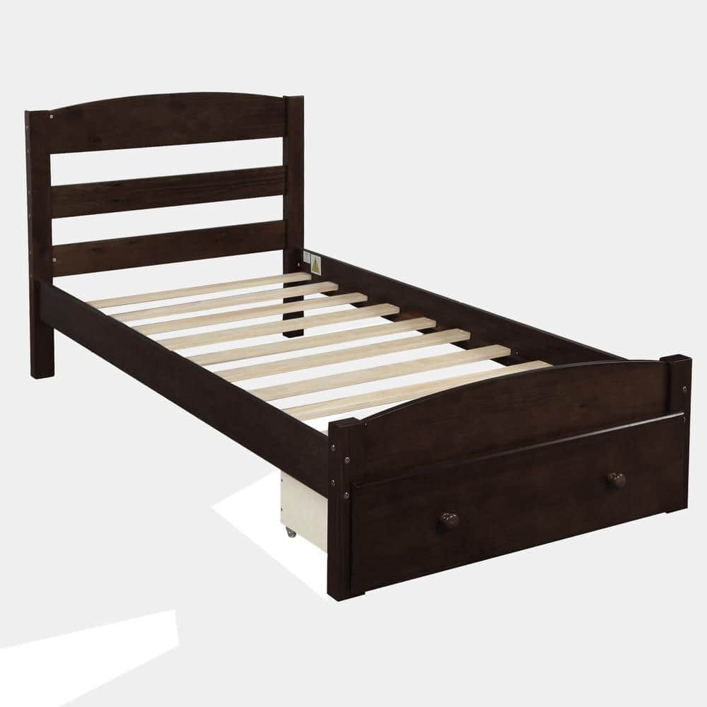 79.in W Espresso Twin Size Platform Bed Frame with Storage Drawer and Wood Slat Support, No Box Spring Needed -  URTR, T-01021-P