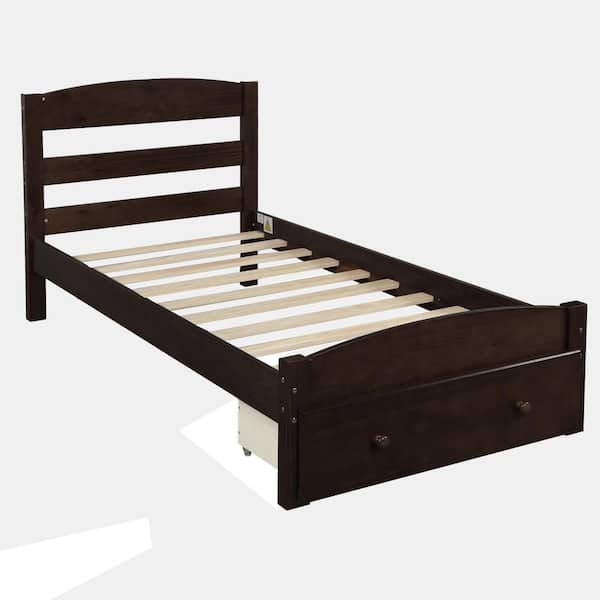 URTR 79.in W Espresso Twin Size Platform Bed Frame with Storage Drawer and Wood Slat Support, No Box Spring Needed