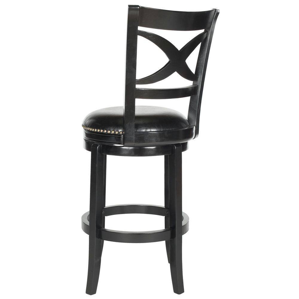 Black Leather and Wood Swivel Bar Stool with Nailhead Trim