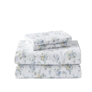 Laura Ashley Le Fleur 4-Piece Light Pastel Blue Floral Flannel