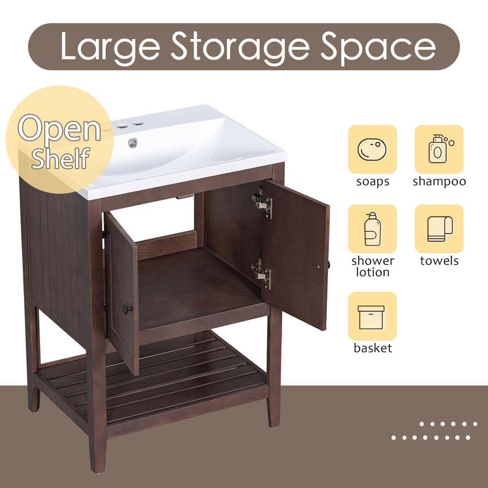 24" Brown Solid Wood Bath Vanity with White Ceramic Sink