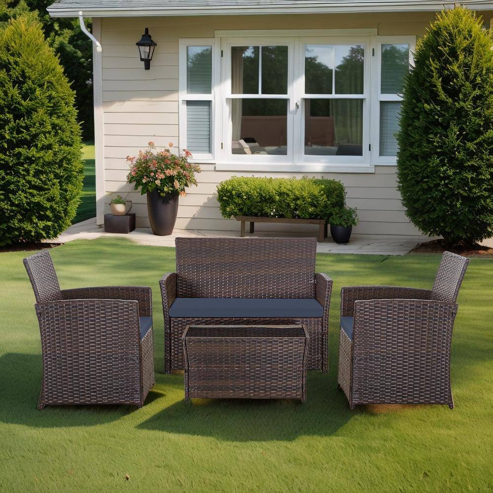 4-Piece Brown PE Rattan Wicker Outdoor Sectional Sofa Conversation Set with