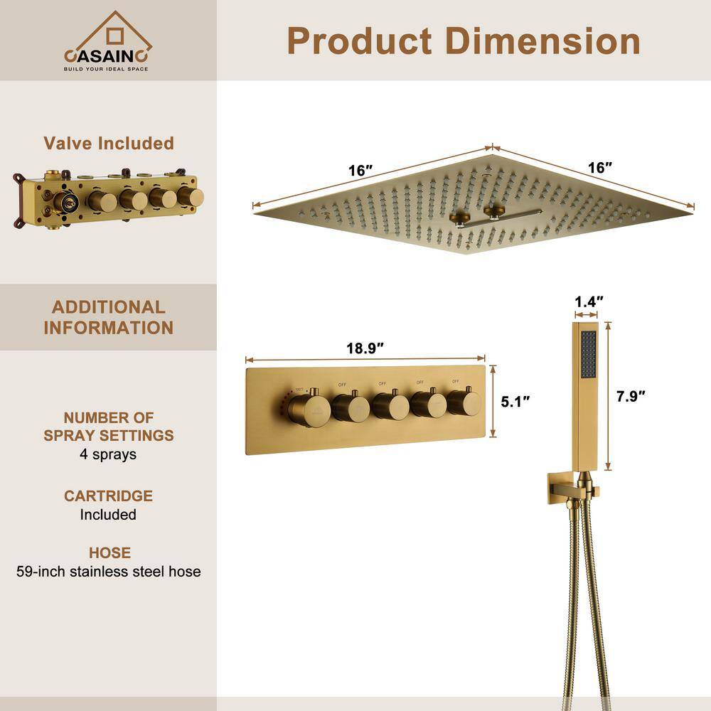 Brushed Gold 16" LED Rain Shower Set with Handheld