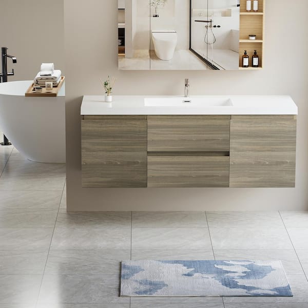ANGELES HOME 60 in. W Floating Bathroom Vanity in Ash Grey with White Resin Top Basin, Soft Close Drawers