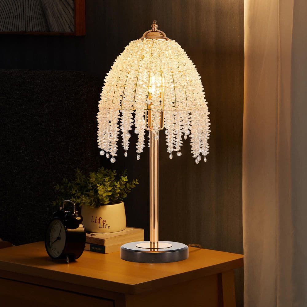 19 in. Golden Crystal Table Lamp, Vintage Waterfall Design with Crystal Bea