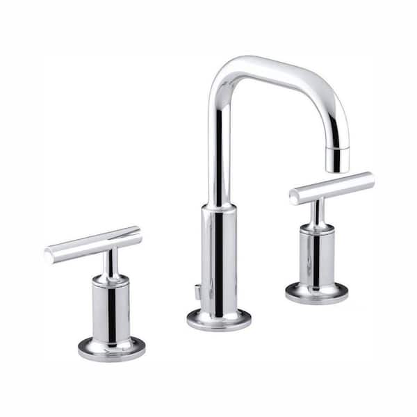 KOHLER Purist 8 in. Widespread 2-Handle Low-Arc Water-Saving Bathroom Faucet in Polished Chrome with Low Gooseneck Spout