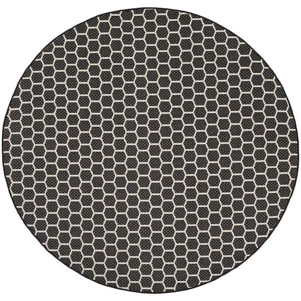 Reversible Indoor Outdoor Black 8 ft. x 8 ft. Honeycomb Contemporary Round Area Rug