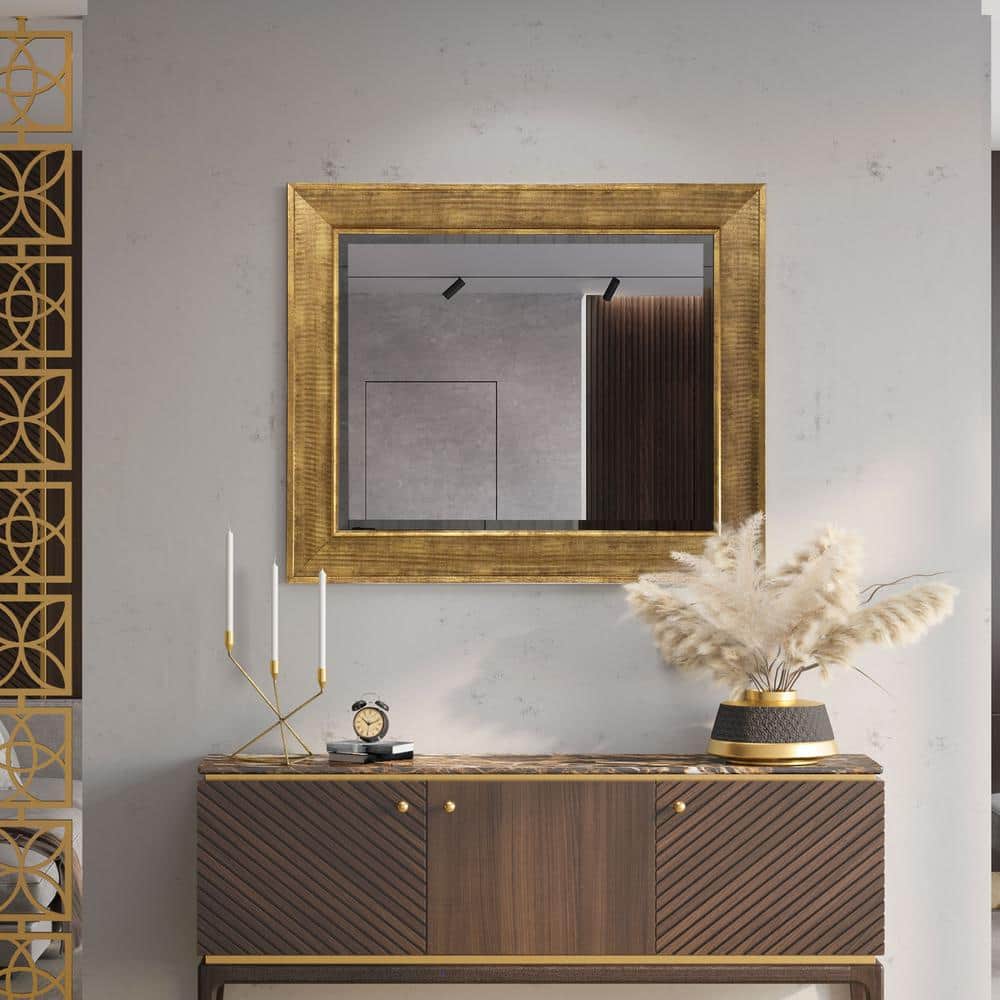 Antique Gold Textured Beveled Glass Rectangular Wall Mirror