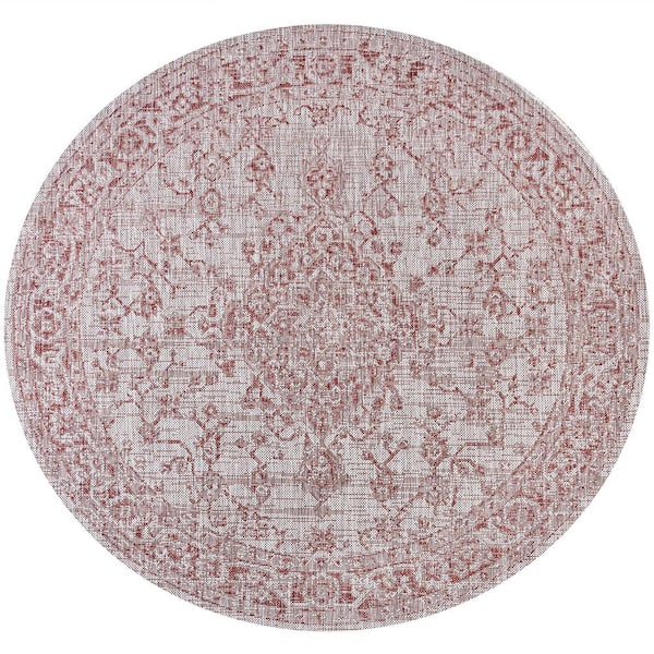 Red/Taupe 5 ft. Round Rozetta Boho Medallion Textured Weave Indoor/Outdoor Area Rug