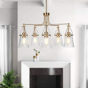 Modern 5-Light Brass Island Chandelier for Living Room with Bell Seeded Glass Shades and No Bulbs Included