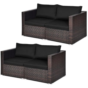 4-Piece Wicker Outdoor Rattan Corner Sectional Sofa Set Patio Furniture Set with Black Cushions