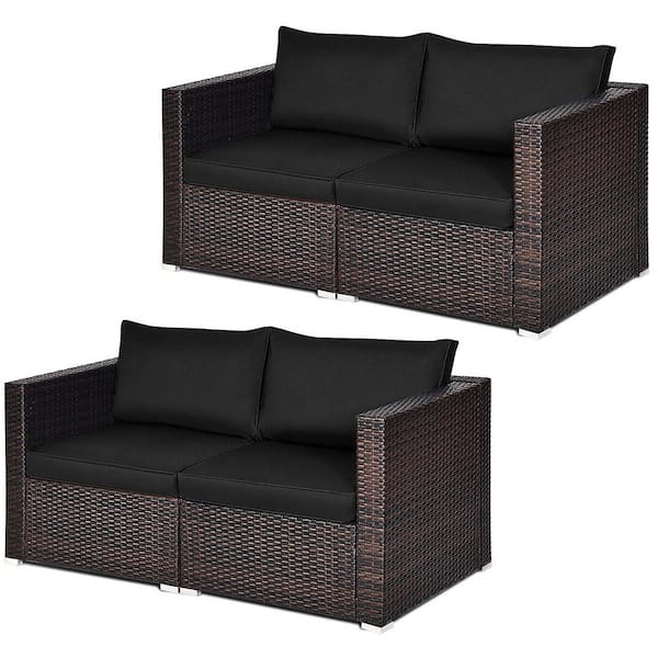 4 Piece Wicker Outdoor Rattan Corner Sectional Sofa Set Patio Furniture Set with Black Cushions