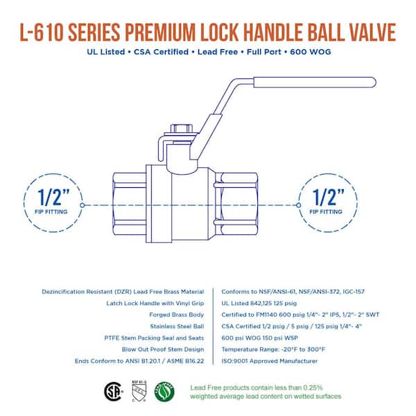 UL and CSA Certified 1/2 Lead-Free Brass Ball Valve w/Locking Handle 