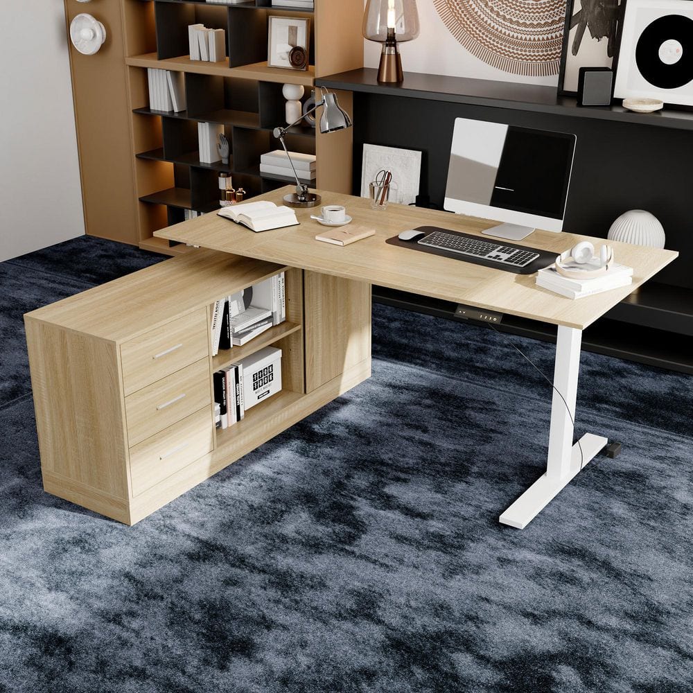 FUFU&GAGA 63 in. W L-Shaped Oak Wood 3-Drawer Electric Lift